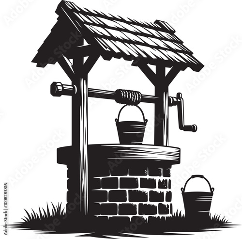 Village Water Well silhouette vector illustration isolated on a white background
