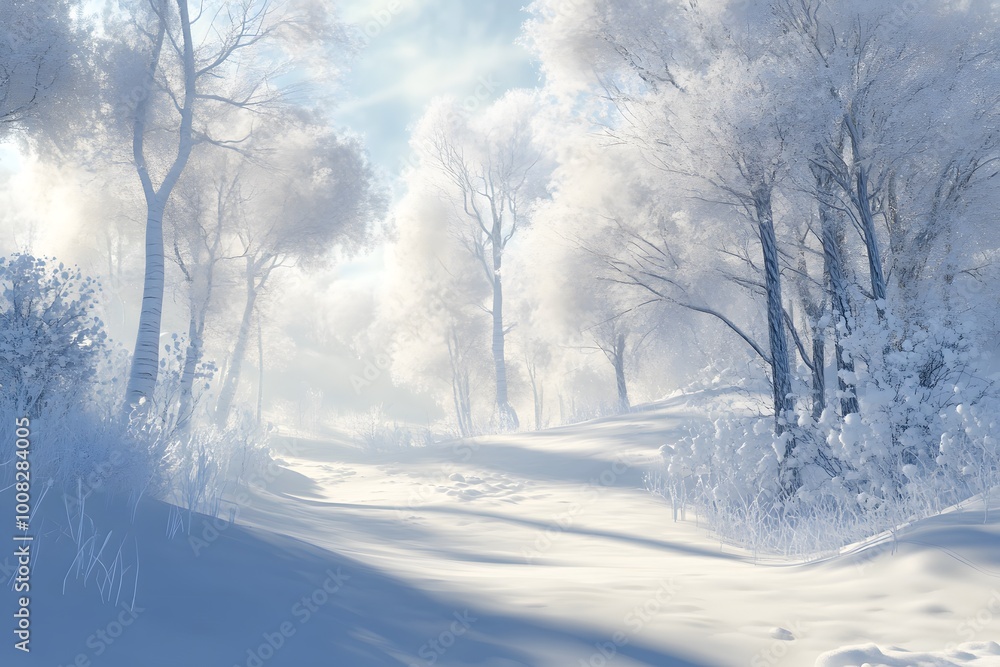 Serene winter landscape with snow-covered trees and path. Serene winter landscape with snow-covered trees and path.