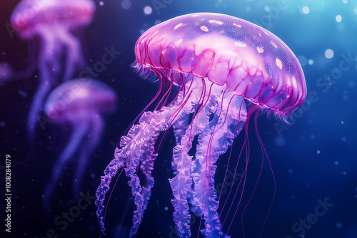 group of jellyfish are floating in the water. The jellyfish are in various sizes and are spread out in the water. The scene is calm and peaceful, with the jellyfish floating gracefully in the water