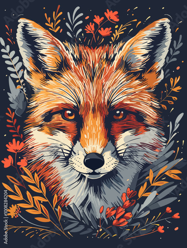 A fox is the main subject of the image, with a lot of foliage surrounding it. The colors are warm and inviting, giving the impression of a peaceful, natural scene