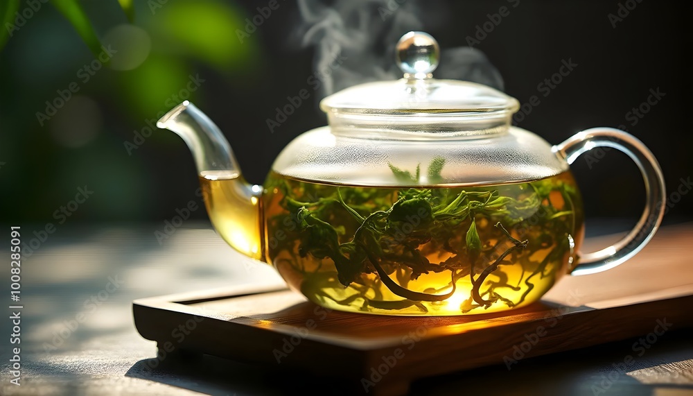 Steaming Tieguanyin Tea in a Glass Teapot Steaming Tieguanyin Tea in a Glass Teapot