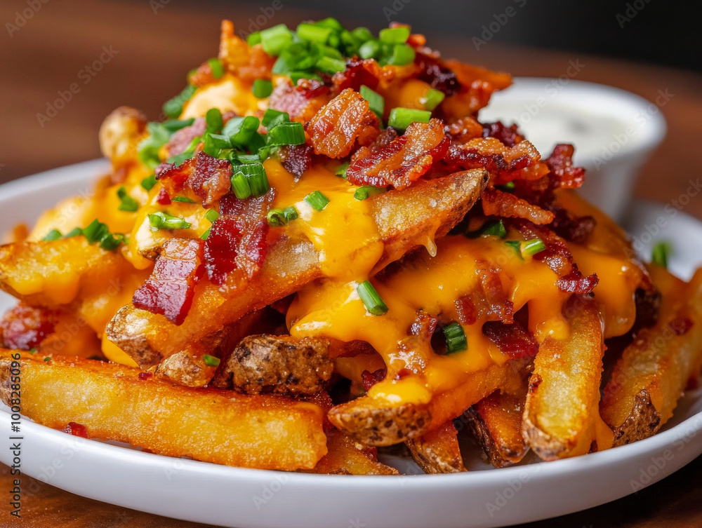 A pile of loaded cheese fries, covered in melted cheddar, bacon bits, and chives, served with ranch. A pile of loaded cheese fries, covered in melted cheddar, bacon bits, and chives, served with ranch.