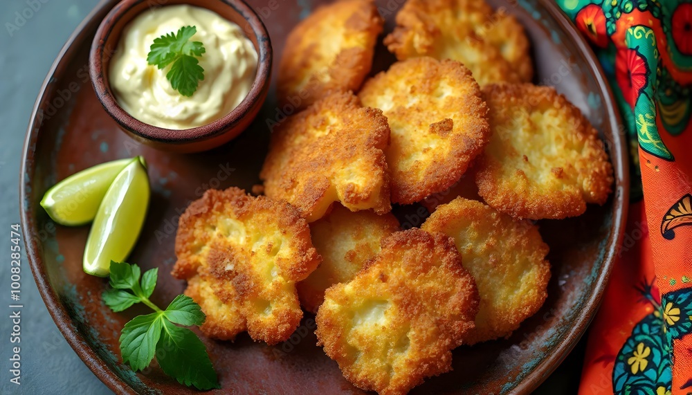 Fototapeta premium Crispy Malanga Frita with Dipping Sauce (Cuban Cuisine)