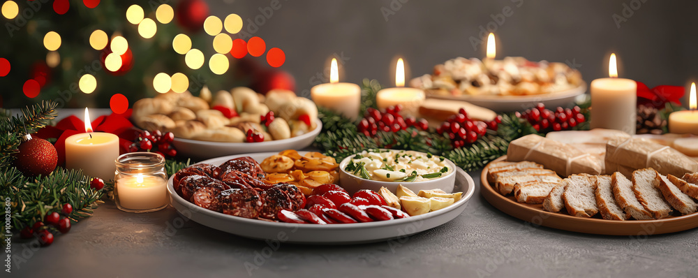 Festive holiday feast with candles and assorted dishes. Festive holiday feast with candles and assorted dishes.