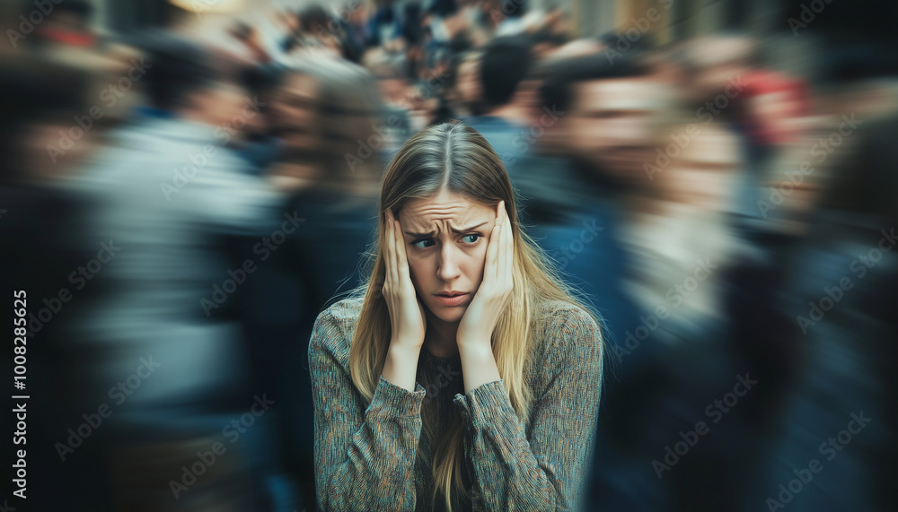 woman having panic attack in crowded public place. Psychology concept, solitude, fear, mental health problems woman having panic attack in crowded public place. Psychology concept, solitude, fear, mental health problems