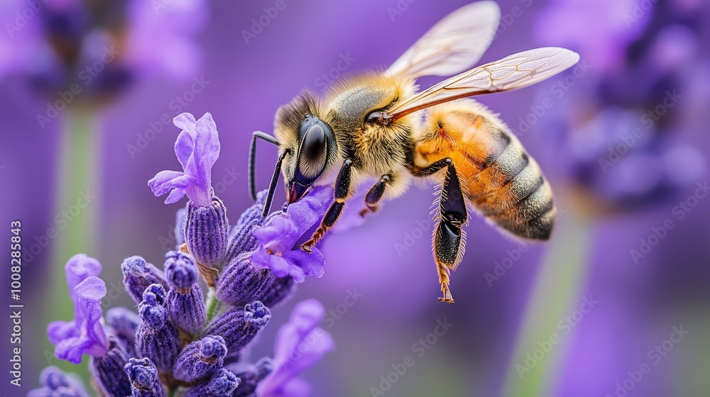 A honeybee gathers nectar from a lavender flower, its wings spread out in flight. A honeybee gathers nectar from a lavender flower, its wings spread out in flight.