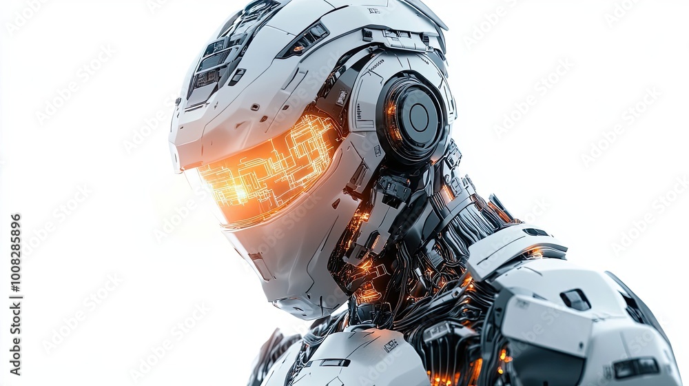 Fototapeta premium Close-up of a Futuristic Robot's Head with Glowing Orange Circuits