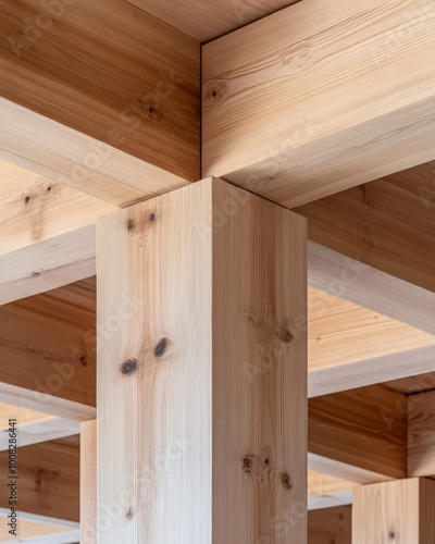 A close-up of precision joinery in a mass timber structure, highlighting the engineering behind wooden construction.