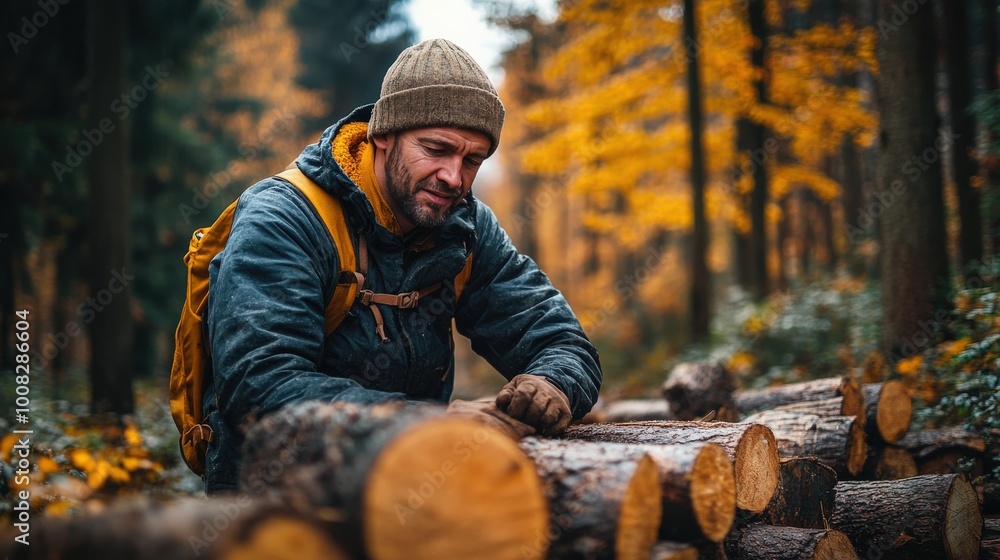 Man Chopping Wood in a Forest, Outdoor Survival Activity Man Chopping Wood in a Forest, Outdoor Survival Activity
