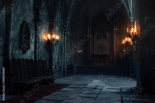 Dark, gothic interior with ornate details and flickering candlelight.