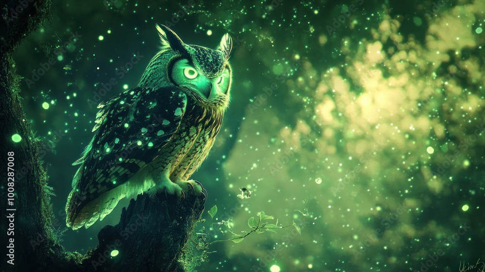A green owl with bright eyes perched on a tree branch with glowing dots in a magical forest. A green owl with bright eyes perched on a tree branch with glowing dots in a magical forest.