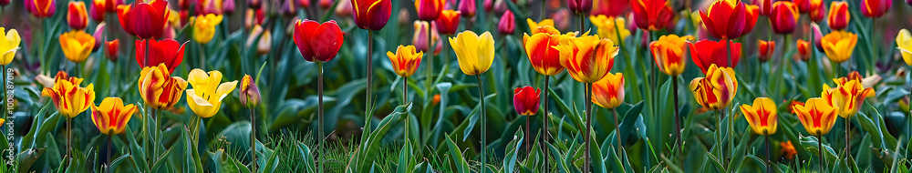 A field of colorful tulips in full bloom, with vibrant reds and yellows standing out against the lush green grass A field of colorful tulips in full bloom, with vibrant reds and yellows standing out against the lush green grass