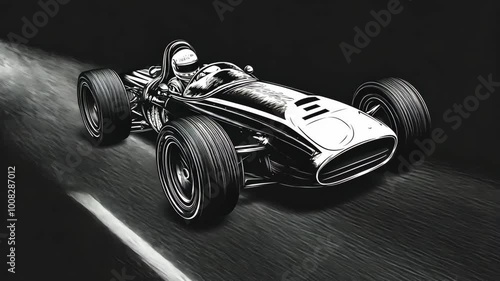 A vintage race car speeds down a track under the cover of night
