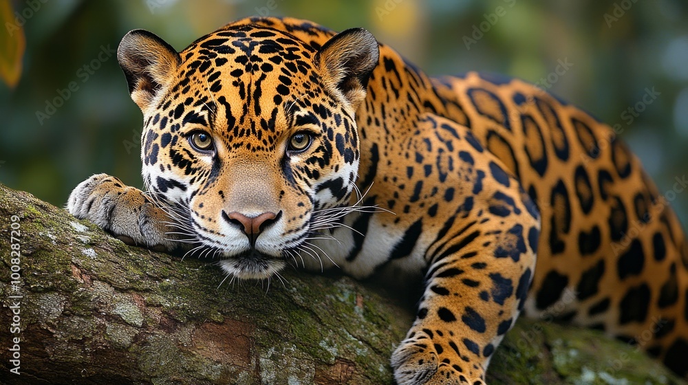 Obraz premium A jaguar with a spotted coat lies on a tree branch, looking directly at the camera.