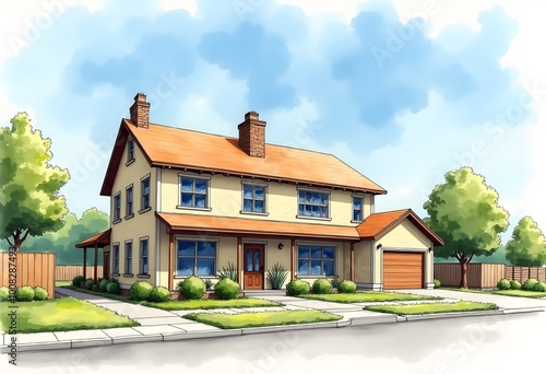 Wallpaper Mural Wooden House Two Roof with Side Terrace front view in color yellow, brown and white, vector illustration isolated on white background, eps
 Torontodigital.ca