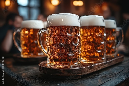 Large mugs of frothy beer served on a wooden tray in a traditional setting, showcasing the rich, amber color and lively atmosphere of a beer hall.