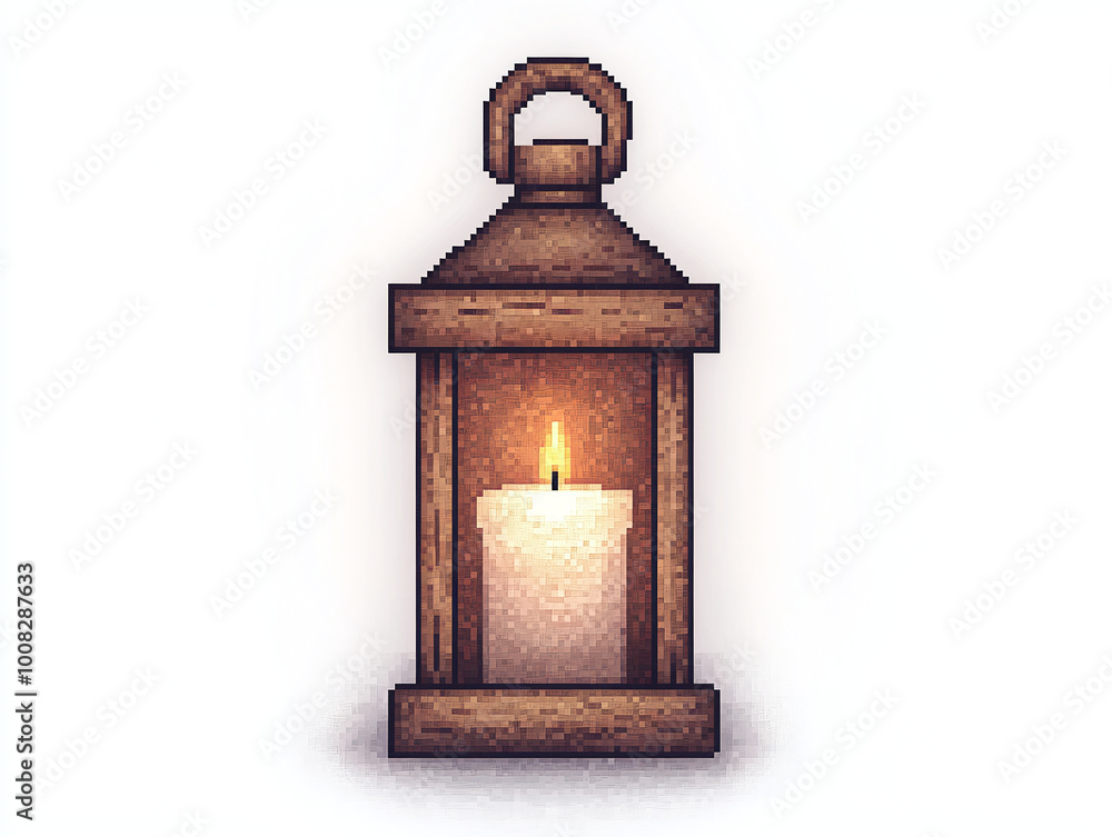 Pixel Art Wooden Lantern with Glowing Candle Pixel Art Wooden Lantern with Glowing Candle