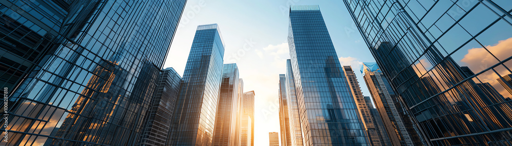 Modern skyscrapers against a clear blue sky during sunset. Modern skyscrapers against a clear blue sky during sunset.
