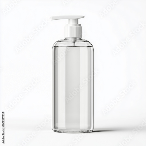 A plastic bottle with a pump head for hand wash, on a white background. This is a product photography image, taken in a studio with lighting, showing a front view close-up in high resolution. 