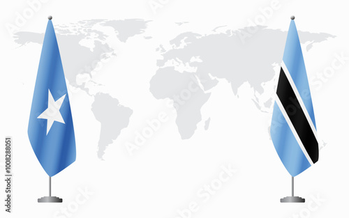 Somalia and Botswana flags for official meeting against background of world map.