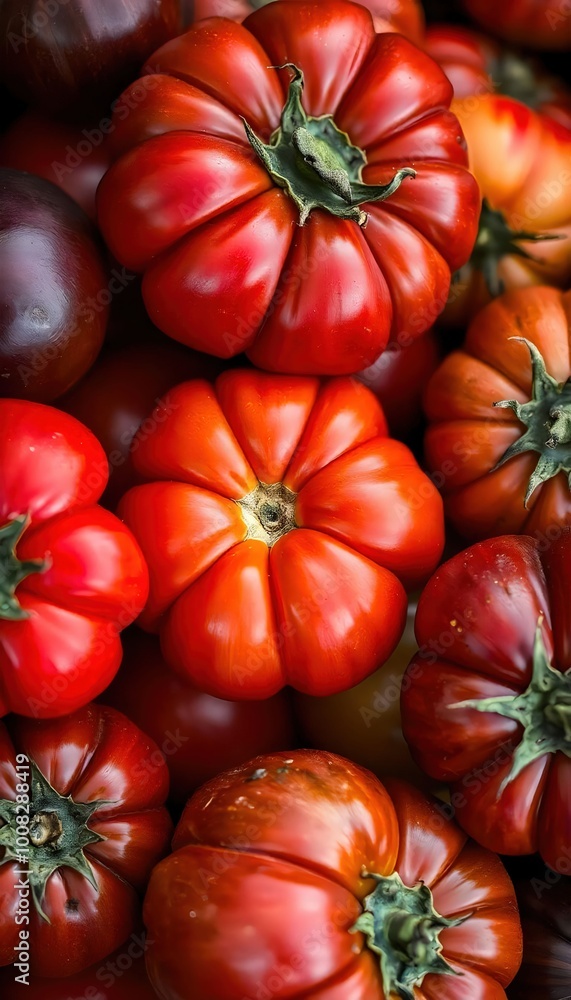 A close-up view of heirloom tomatoes in various shades of red, yellow, and green. Their unique shapes and vibrant colors highlight the rich diversity of these tomatoes, making them visually appealing A close-up view of heirloom tomatoes in various shades of red, yellow, and green. Their unique shapes and vibrant colors highlight the rich diversity of these tomatoes, making them visually appealing