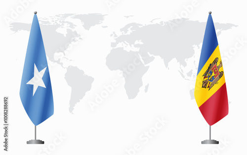 Somalia and Moldova flags for official meeting against background of world map.