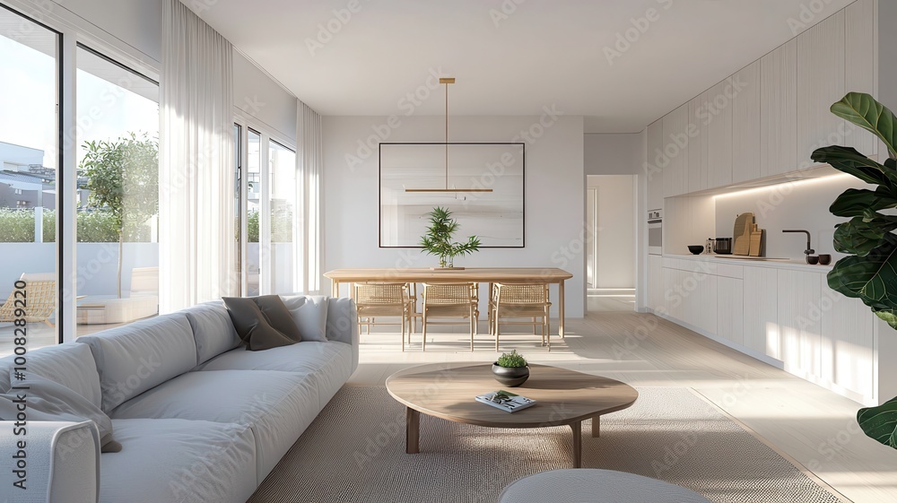 Fototapeta premium A bright, modern living space with a cozy sofa, wooden dining table, and minimalist décor, flooded with natural light.