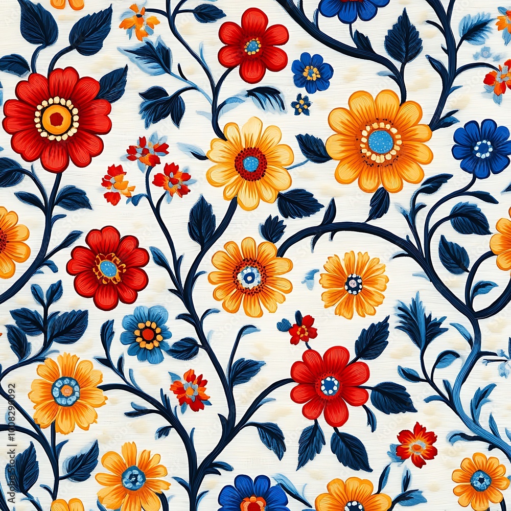 Colorful botanical pattern featuring vivid red and blue flowers creating visual harmony Colorful botanical pattern featuring vivid red and blue flowers creating visual harmony