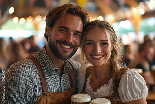  Bavarian couple in traditional dirndl and lederhosen smile in a bustling Oktoberfest beer tent, wooden tables with frothy steins, vibrant festival flags, lively crowd in background.