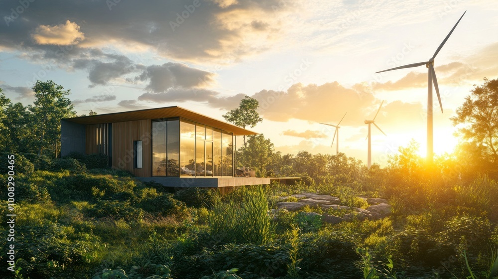 Modern glass house with wood accents and a deck on a hilltop with two wind turbines in the distance during a golden sunset. Modern glass house with wood accents and a deck on a hilltop with two wind turbines in the distance during a golden sunset.
