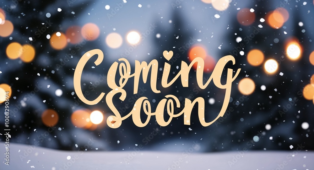 coming soon lettering on winter snow holidays blurred lights bokeh background coming soon lettering on winter snow holidays blurred lights bokeh background