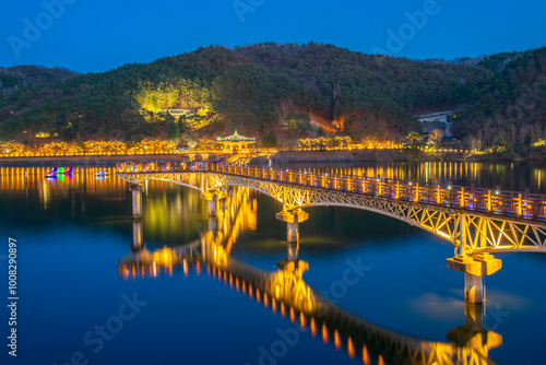 Woryonggyo wooden bridge in Andong, South Korea taken at night during night light illumination.