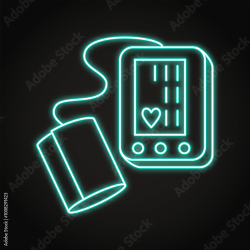 Blood pressure monitor neon icon. Tonometer symbol. Digital medical equipment. Vector illustration.