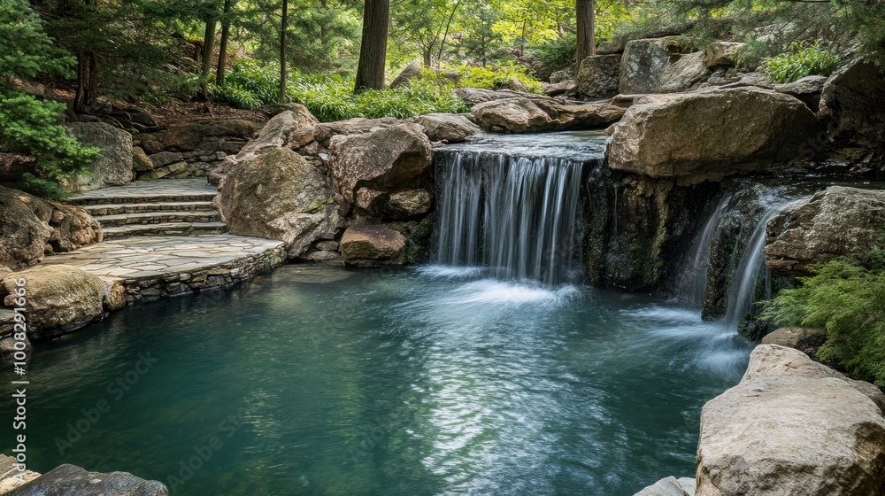 Naklejka premium A small waterfall cascades into a pool of water surrounded by rocks and greenery.