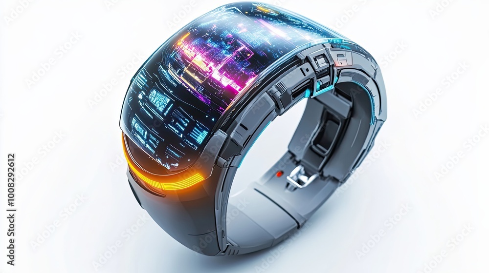 Obraz premium Futuristic Wristband with Digital Display Showing Cityscape