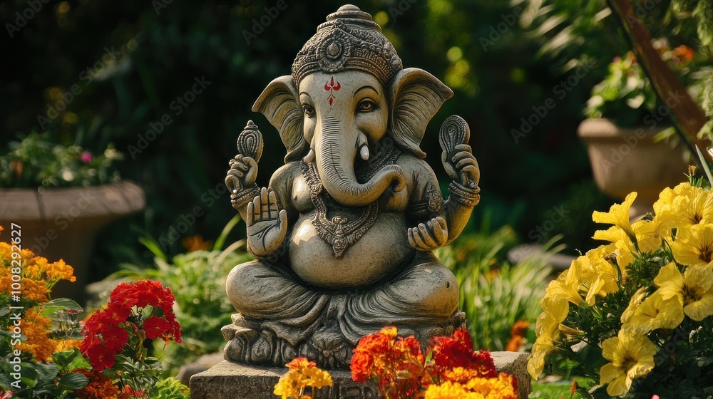 Fototapeta premium Stone statue of Ganesha surrounded by colorful flowers.