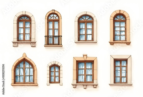 Open and closed windows with colorful wooden shutters. Mediterranean style in architecture. Isolated on a white background. Set, collage. Square format. 