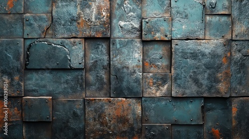 Rustic Metal Wall Texture: Dark Teal and Rust Tones 