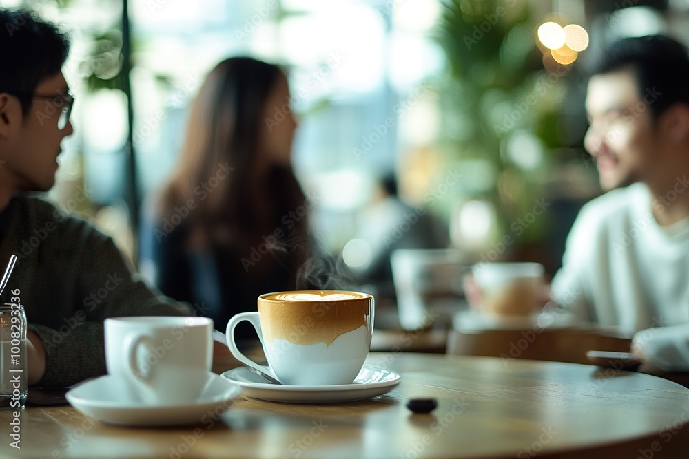 Close-up of two coffee cups placed on a small cafeteria table. . Close-up of two coffee cups placed on a small cafeteria table. .