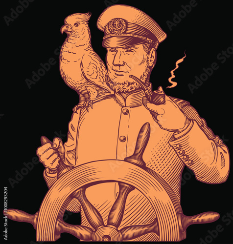 Captain with the parrot. Editable hand drawn illustration. Vector vintage engraving. Isolated on black background. 8 EPS