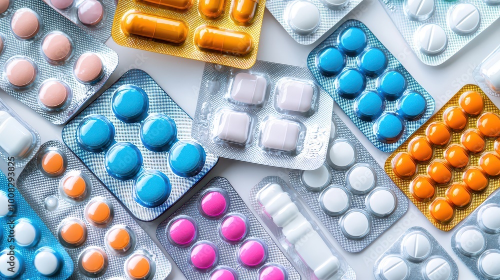 A collection of colorful pill packages arranged flat, showcasing various shapes and colors of medication. A collection of colorful pill packages arranged flat, showcasing various shapes and colors of medication.