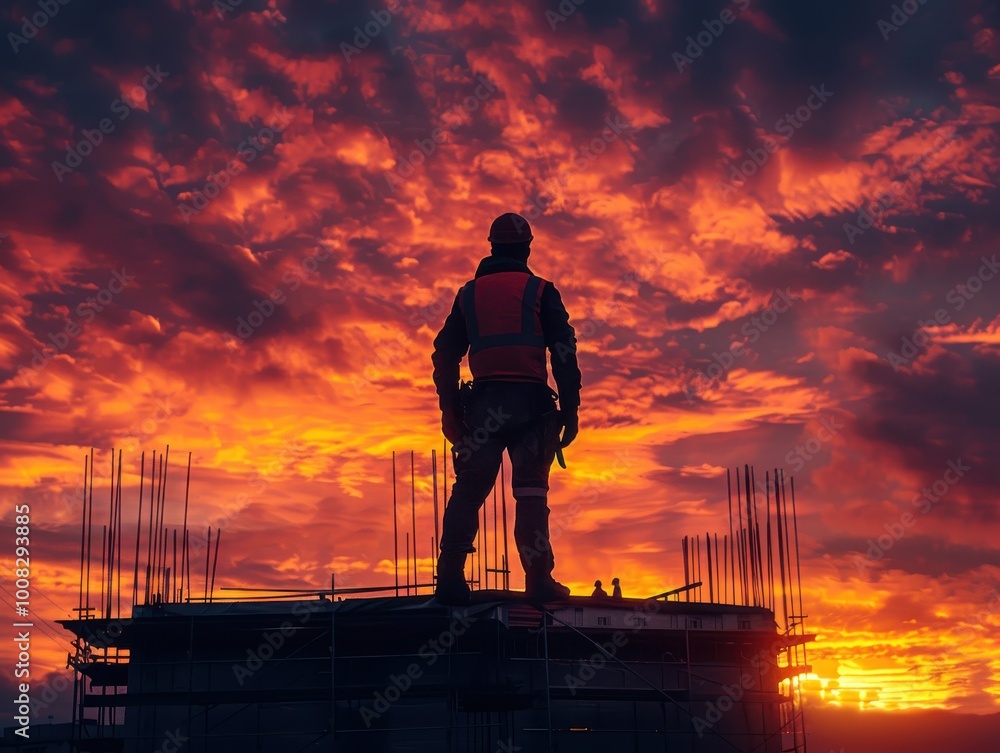 Fototapeta premium Construction worker silhouette against a vibrant sunset sky.