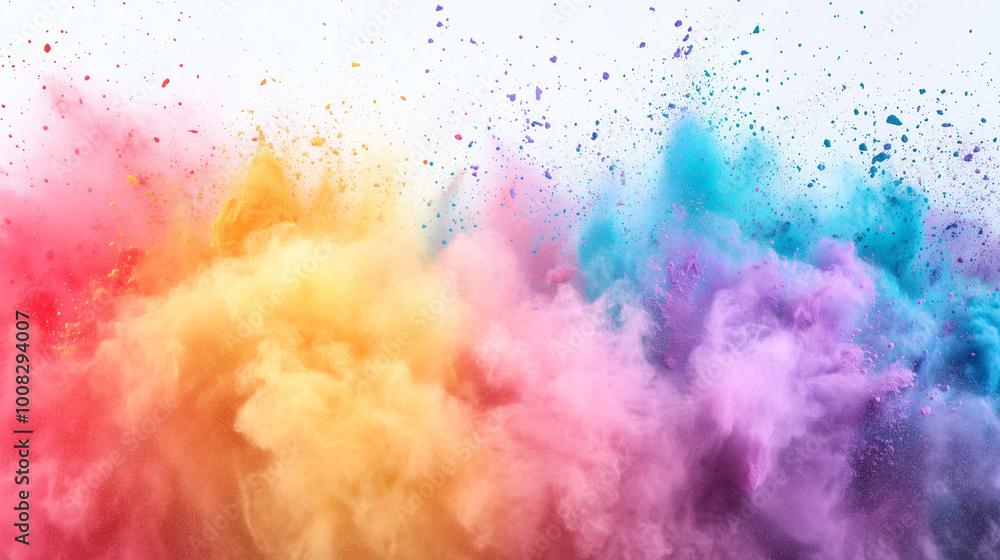 Obraz premium Happy Holi colorful background. Festival of colors, colorful rainbow holi paint color powder explosion isolated white wide panorama background 