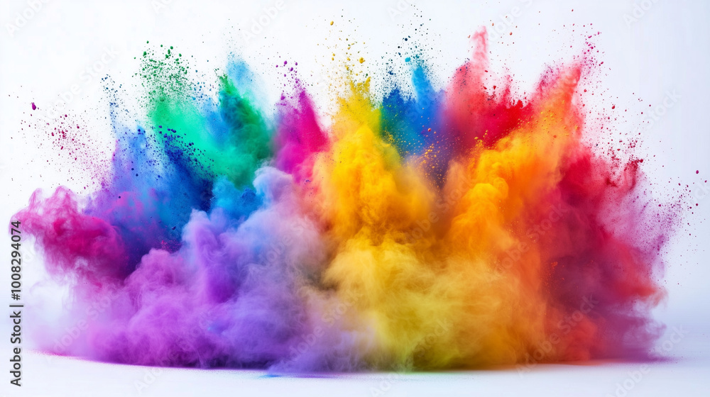 Fototapeta premium Happy Holi colorful background. Festival of colors, colorful rainbow holi paint color powder explosion isolated white wide panorama background 