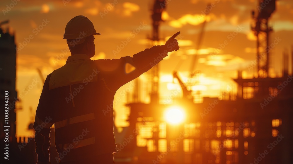Construction worker silhouetted against a sunset, pointing at a building site. Construction worker silhouetted against a sunset, pointing at a building site.