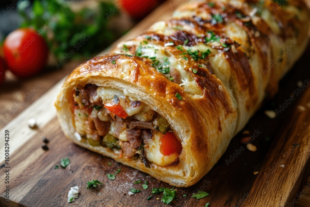 Golden Puff Pastry Roll Stuffed with Vegetables and Cheese. Generative AI. Golden Puff Pastry Roll Stuffed with Vegetables and Cheese. Generative AI.