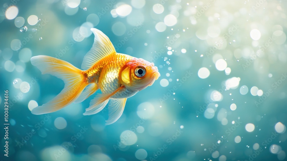 A vibrant goldfish swimming gracefully in a serene underwater environment with bubbles. A vibrant goldfish swimming gracefully in a serene underwater environment with bubbles.