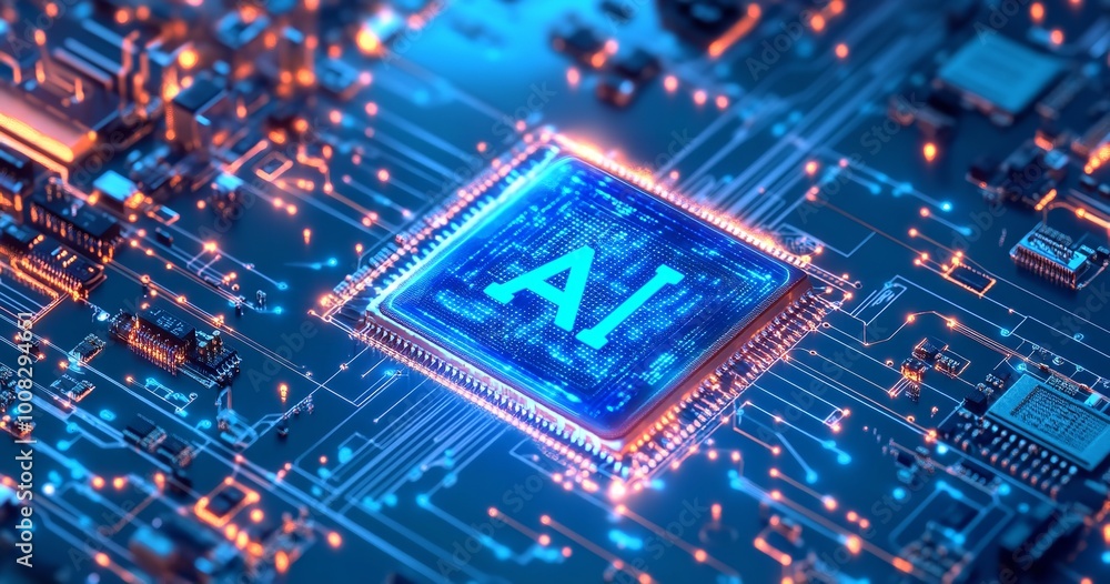 Futuristic circuit board technology background with brightly glowing AI chip in the center. CPU processor with artificial intelligence icon consists of light neon pixels. Vector illustration. Tech bg. Futuristic circuit board technology background with brightly glowing AI chip in the center. CPU processor with artificial intelligence icon consists of light neon pixels. Vector illustration. Tech bg.