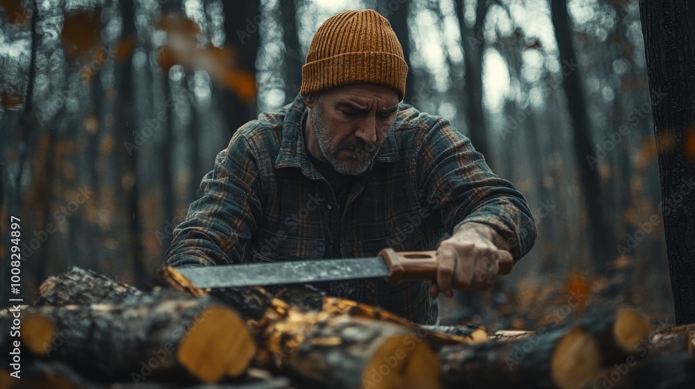 Man Chopping Wood in a Forest, Outdoor Survival Activity Man Chopping Wood in a Forest, Outdoor Survival Activity