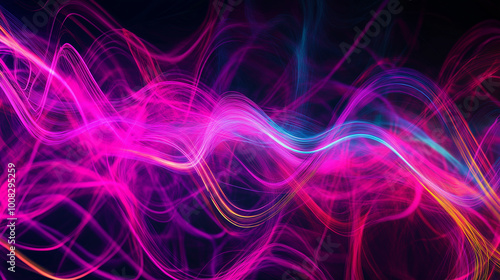 Neon futuristic flashes on black background. Motion light lines backdrop. For banner, postcard, illustration. Created with generative AI tools 